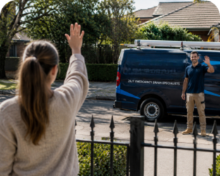 Customer waving goodbye to a Kentlyn Blocked Drains plumber